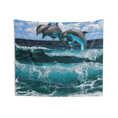 Three Dolphin dancing on water Tapestry