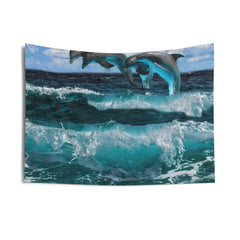 Three Dolphin dancing on water Tapestry