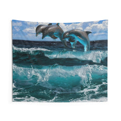 Three Dolphin dancing on water Tapestry