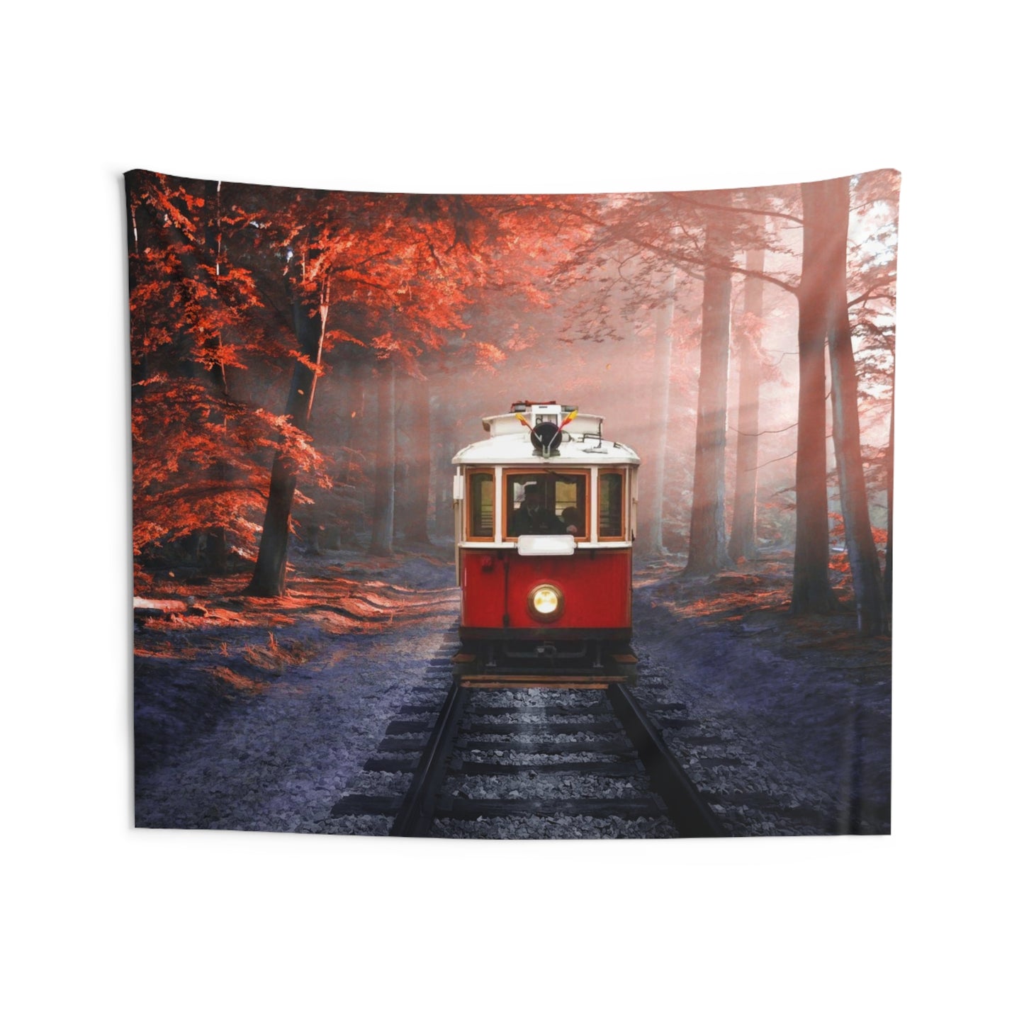 Red Tram in Forest Tapestry