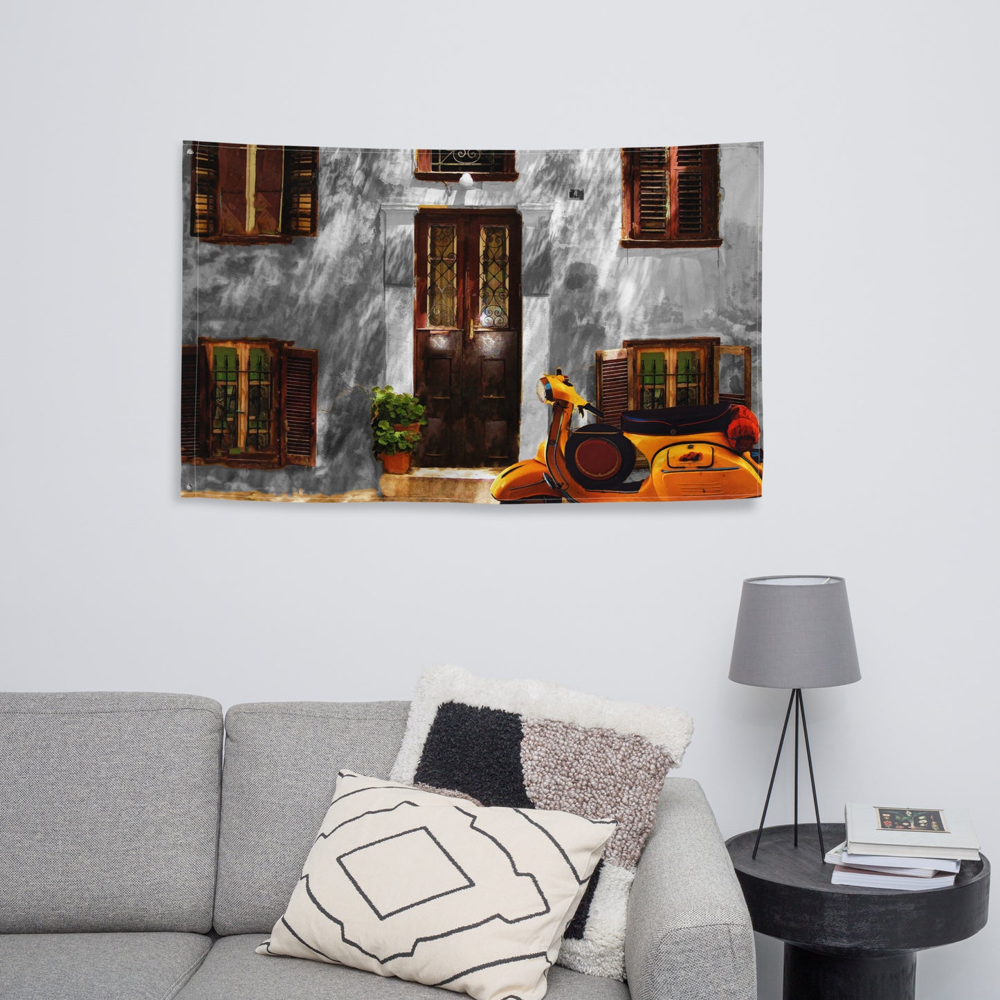 Vespa at Door Flag Tapestry wall hanging