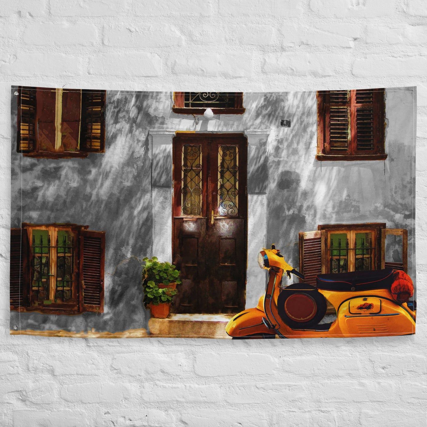 Vespa at Door Flag Tapestry wall hanging