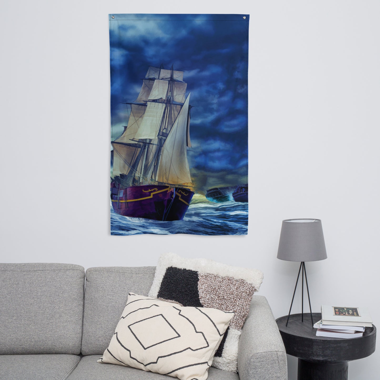 Ship in Storm Flag Tapestry wall hanging
