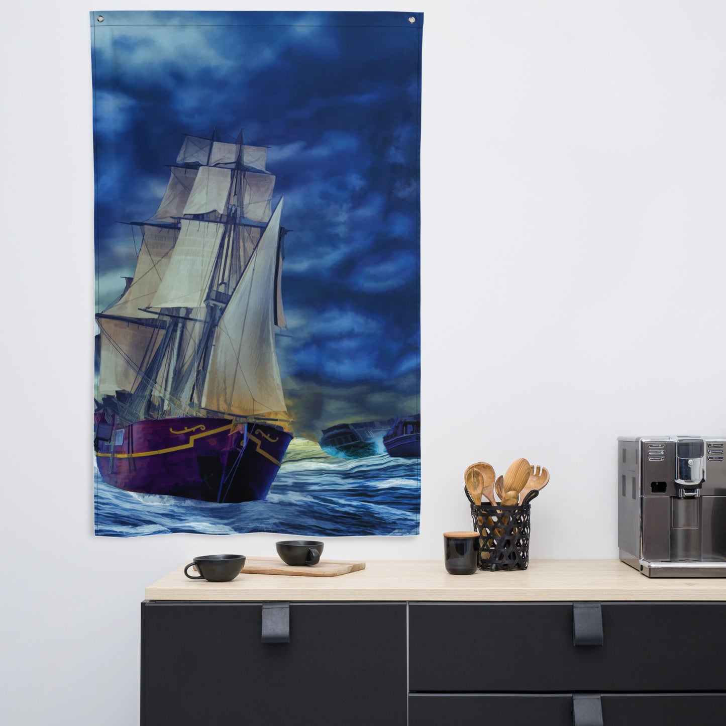 Ship in Storm Flag Tapestry wall hanging