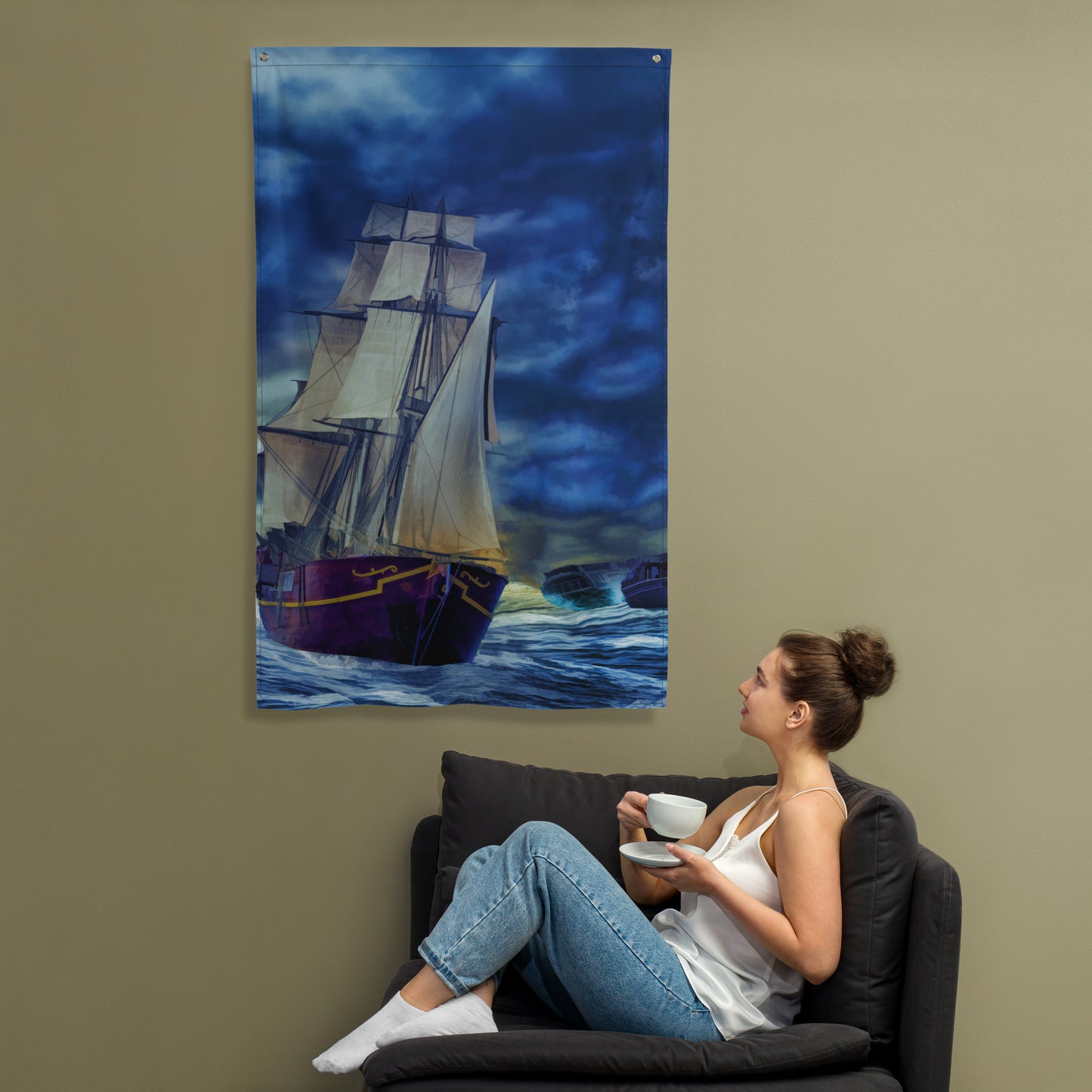 Ship in Storm Flag Tapestry wall hanging