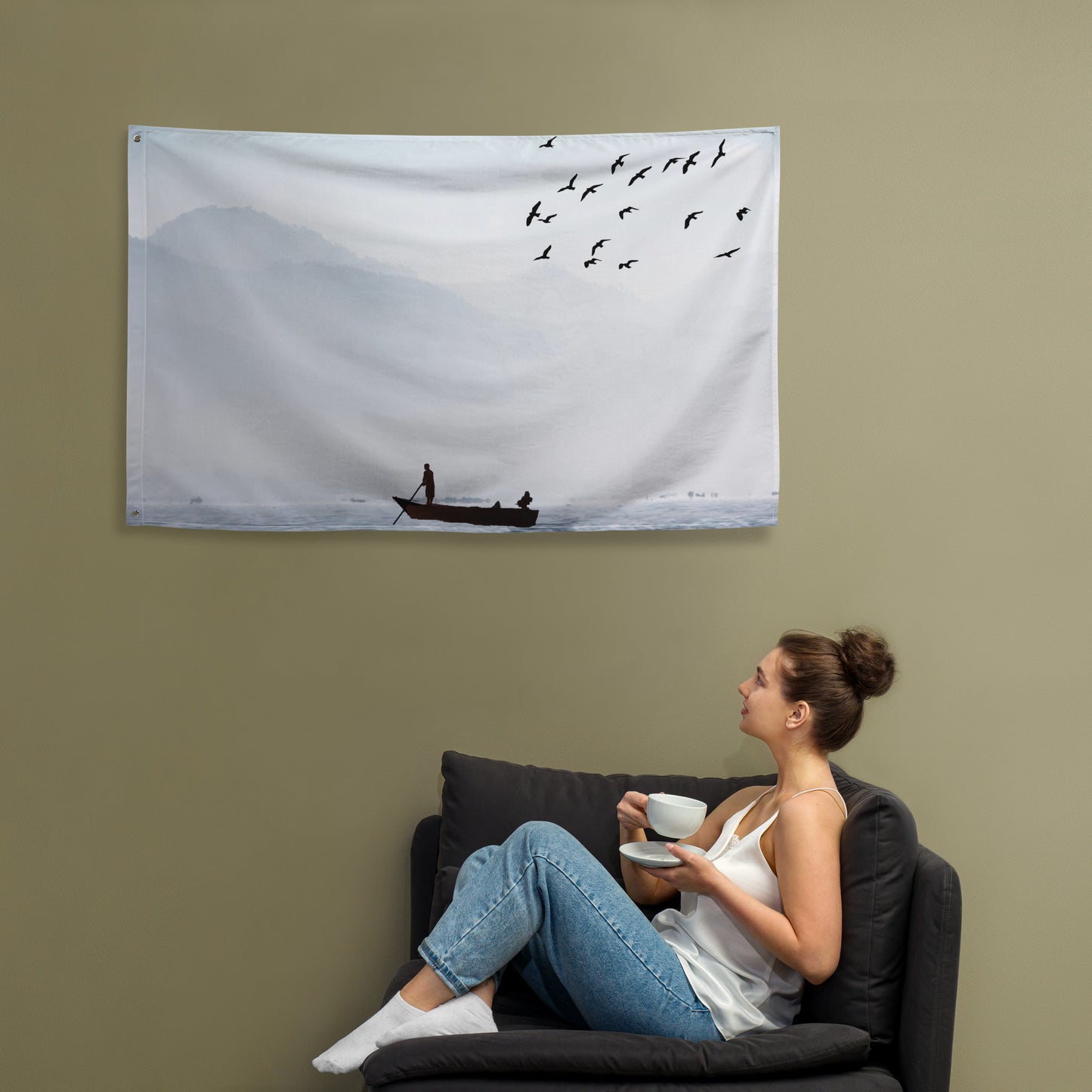 Bird Sea Boat Lake Flag Tapestry wall hanging