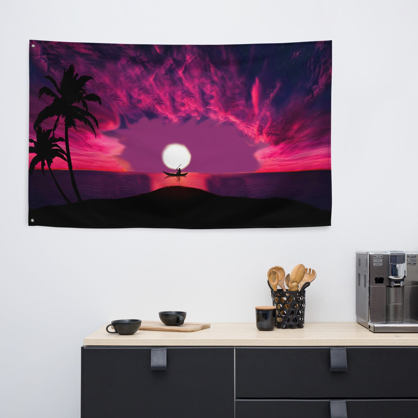 Sunset River and Boat Flag Tapestry wall hanging