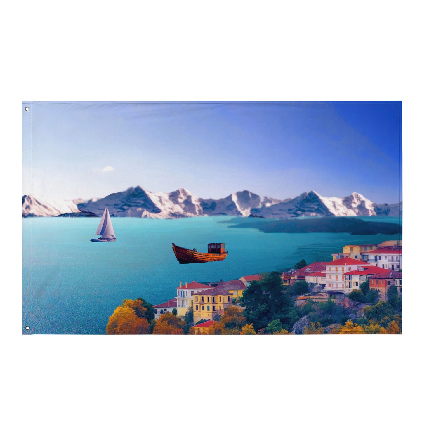 Santorini Painting 3 Flag Tapestry