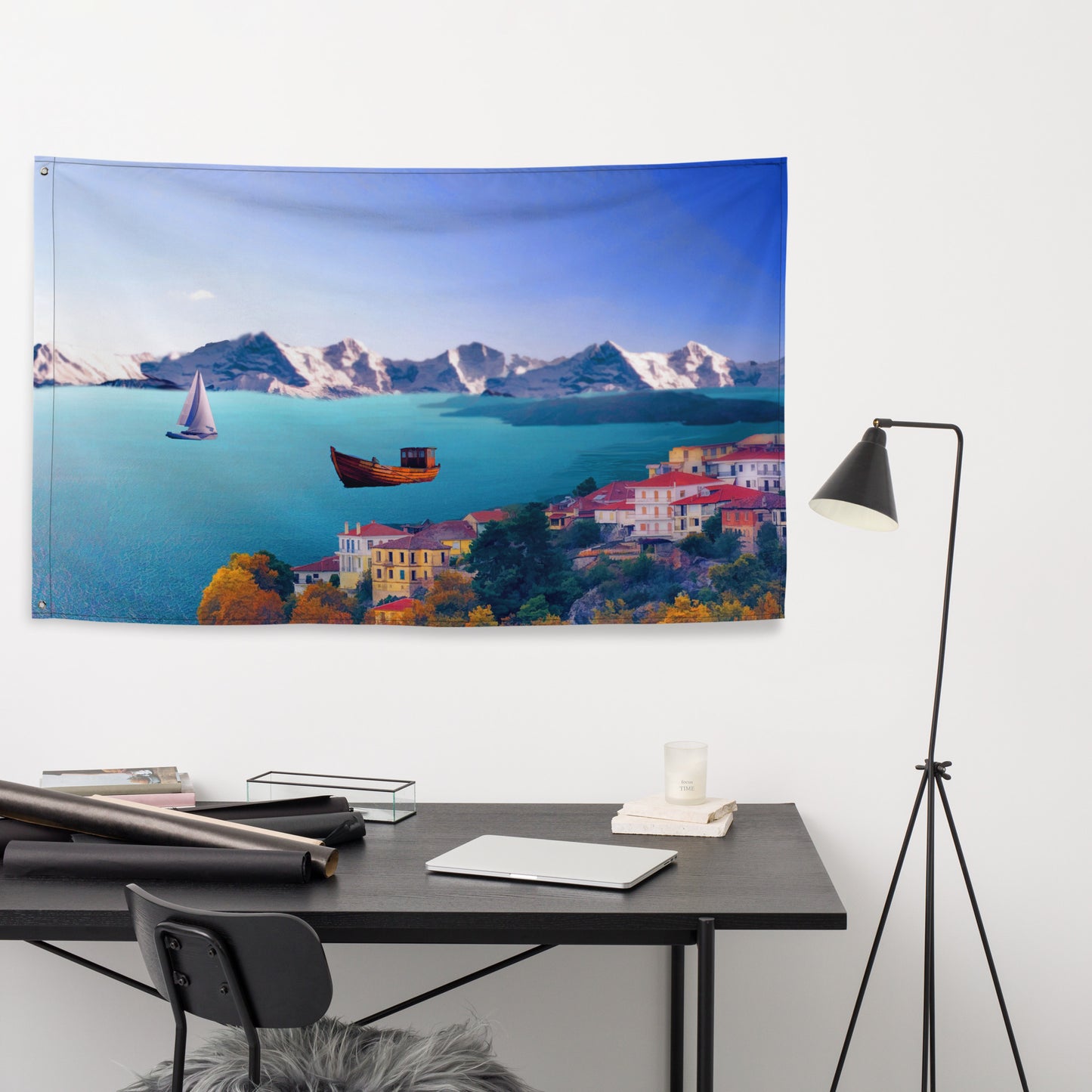 Santorini Painting 3 Flag Tapestry