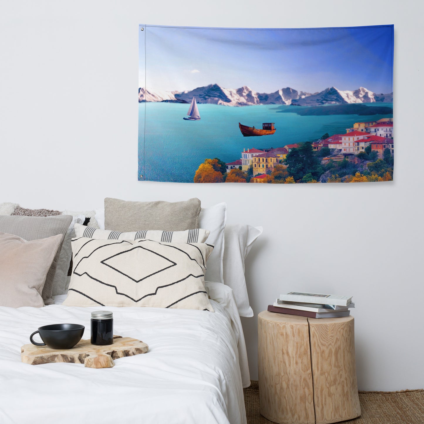 Santorini Painting 3 Flag Tapestry