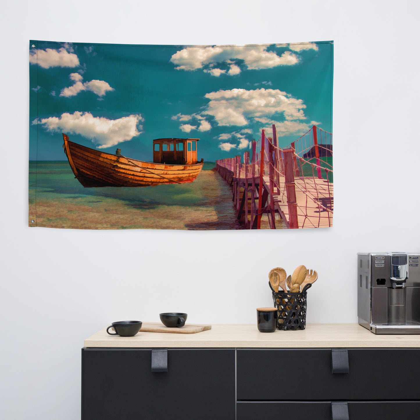 Boat Oil Painting Flag Tapestry
