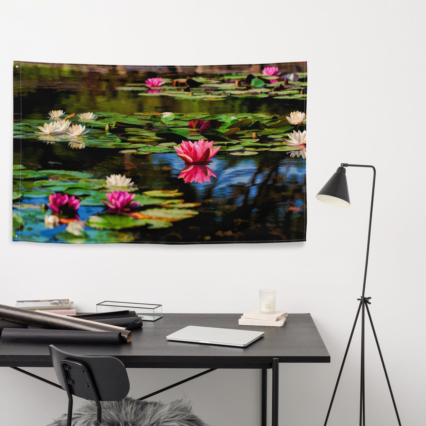 Lily flower in Pond Painting Flag Tapestry