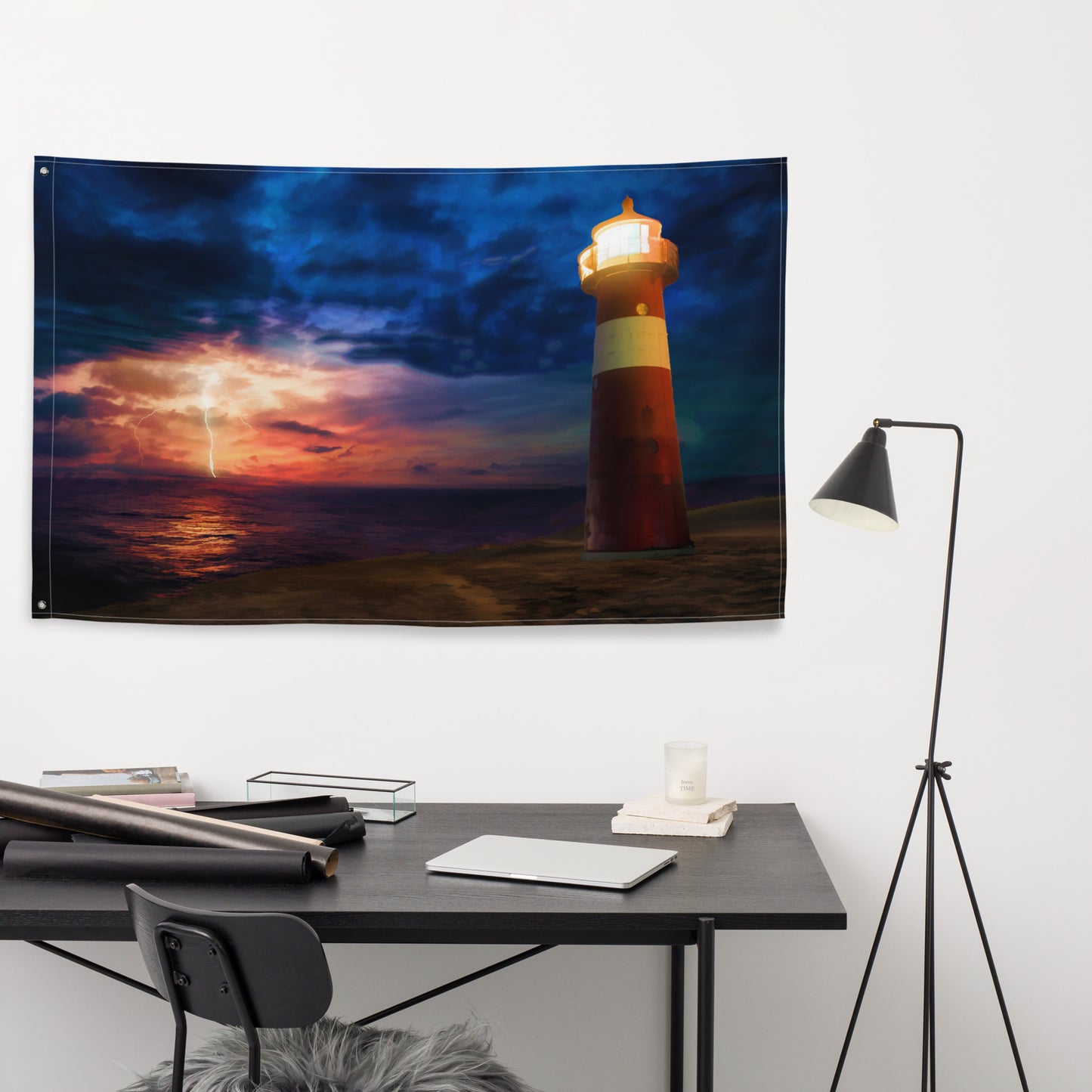 Lighthouse Lightning Painting Flag Tapestry