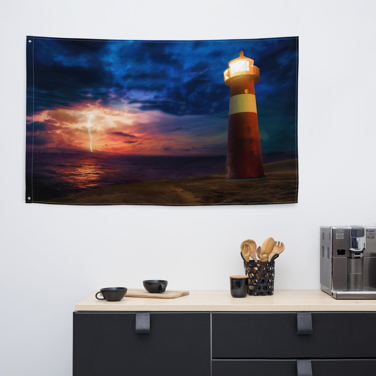 Lighthouse Lightning Painting Flag Tapestry