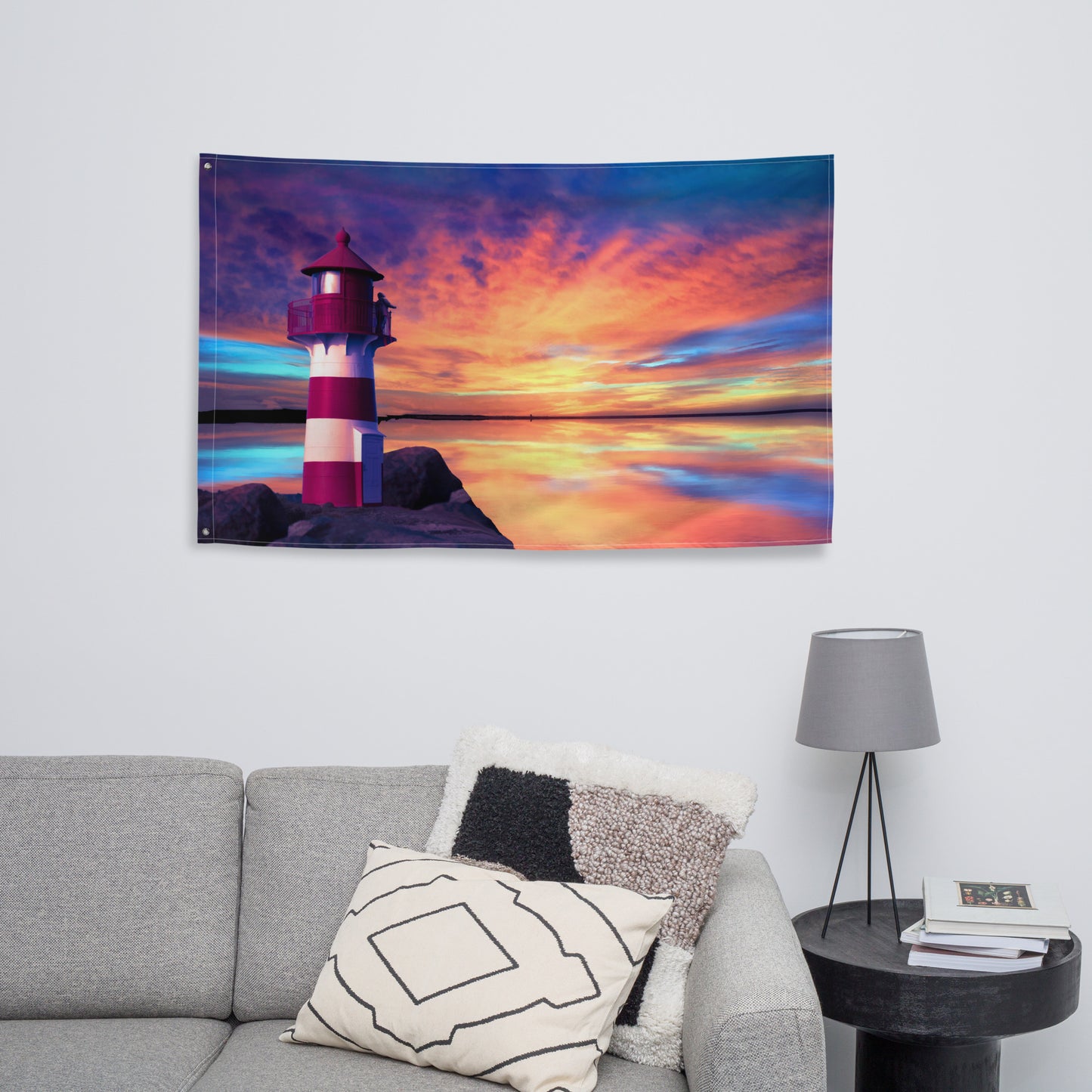 Red And White Lighthouse Painting Flag Tapestry