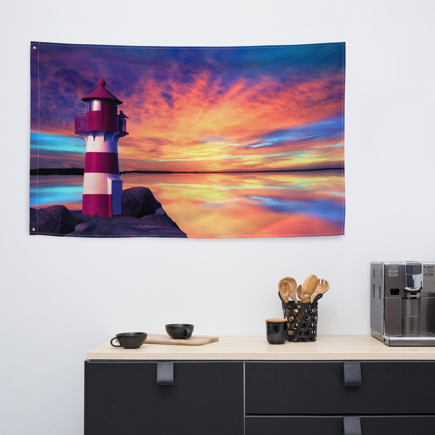 Red And White Lighthouse Painting Flag Tapestry