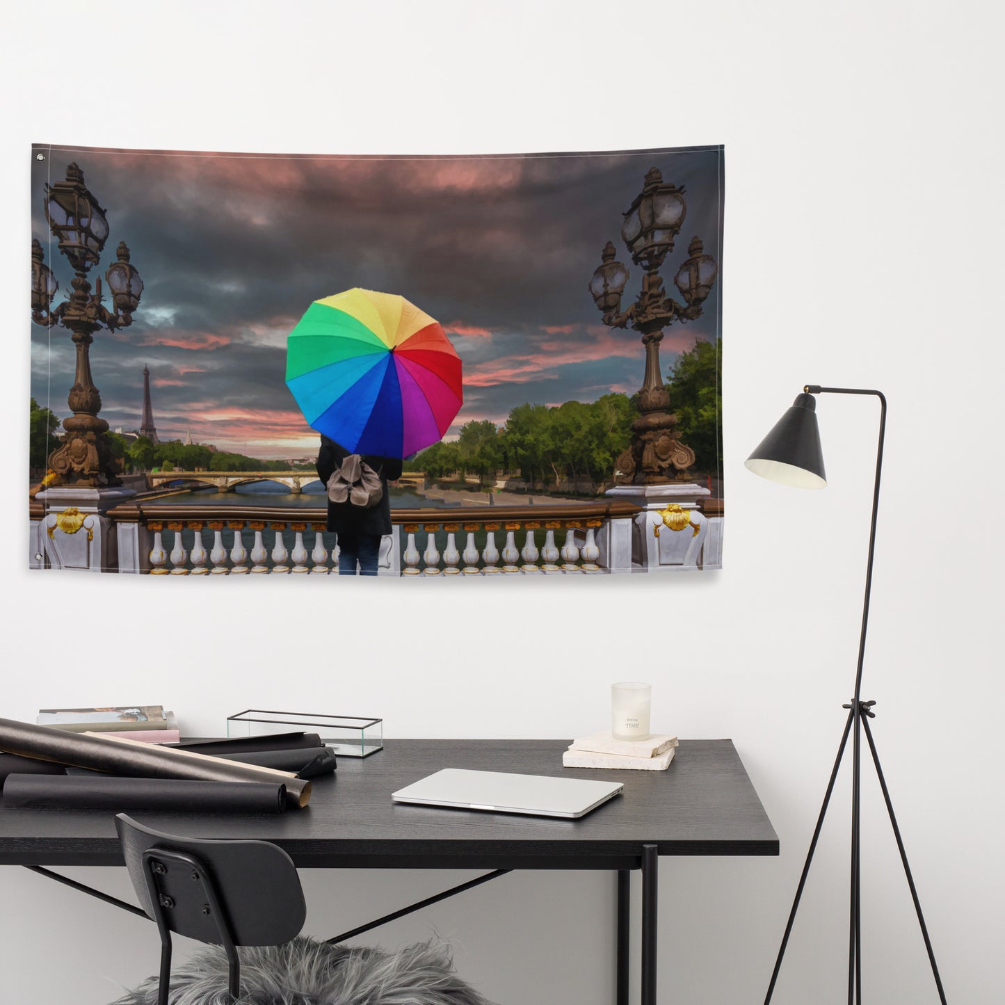 Glimpse of Eiffel Tower Painting Flag Tapestry