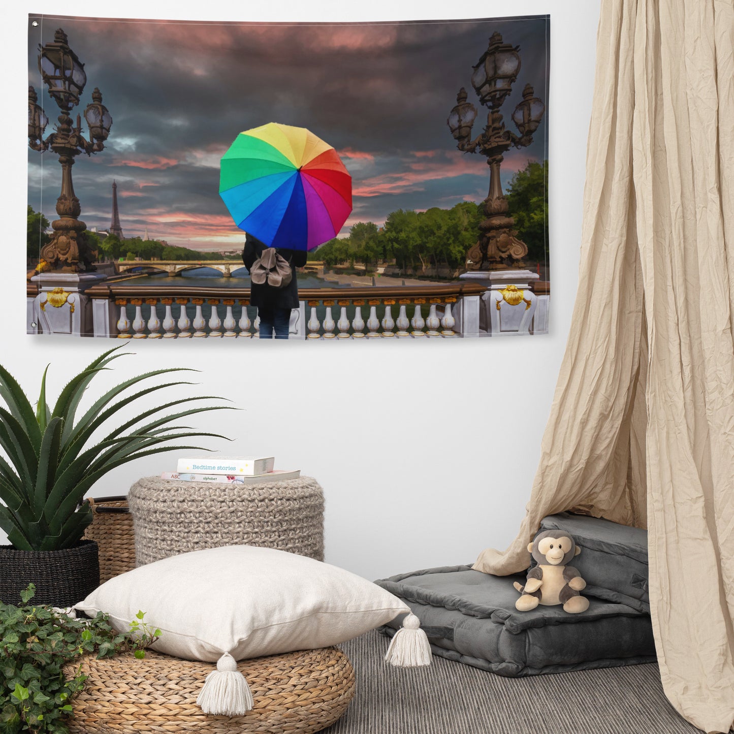 Glimpse of Eiffel Tower Painting Flag Tapestry