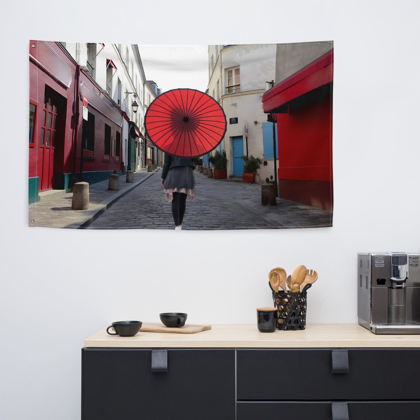 Women Red Umbrella Painting Flag Tapestry