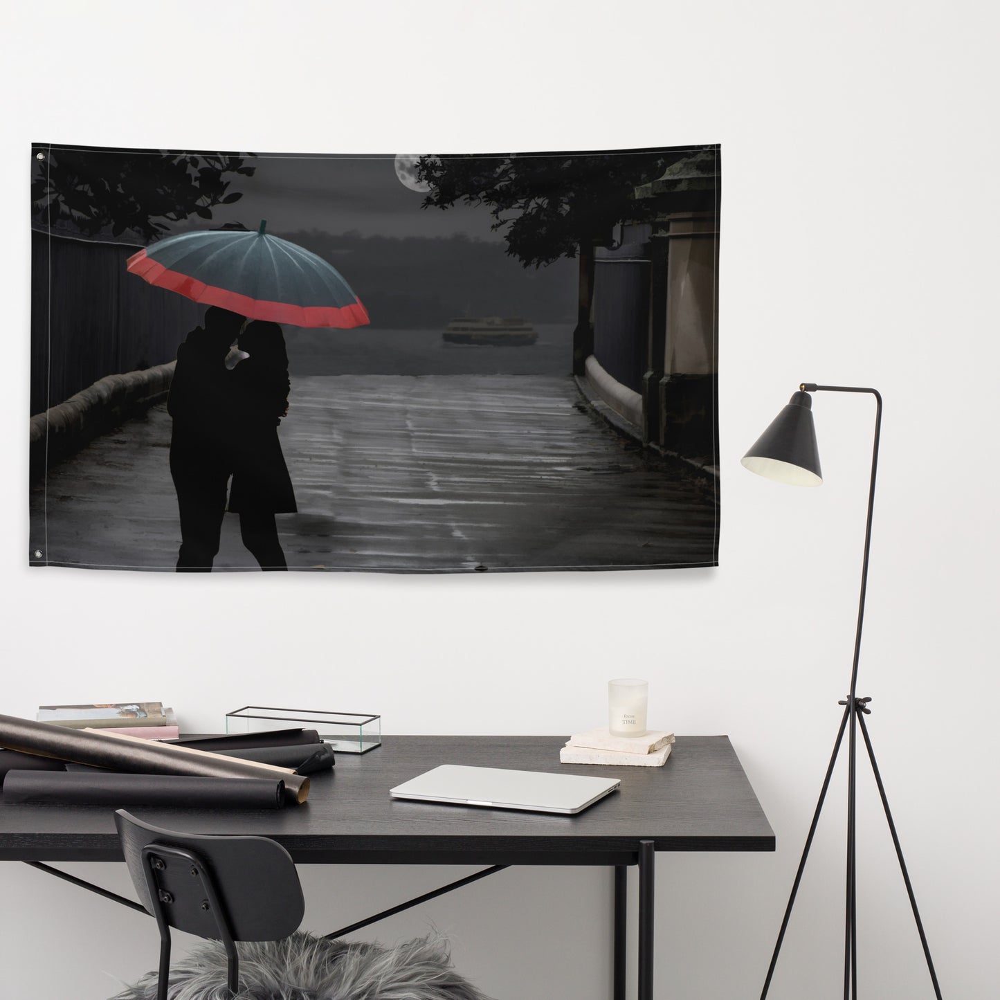 Grey Couple Umbrella Painting Flag Tapestry