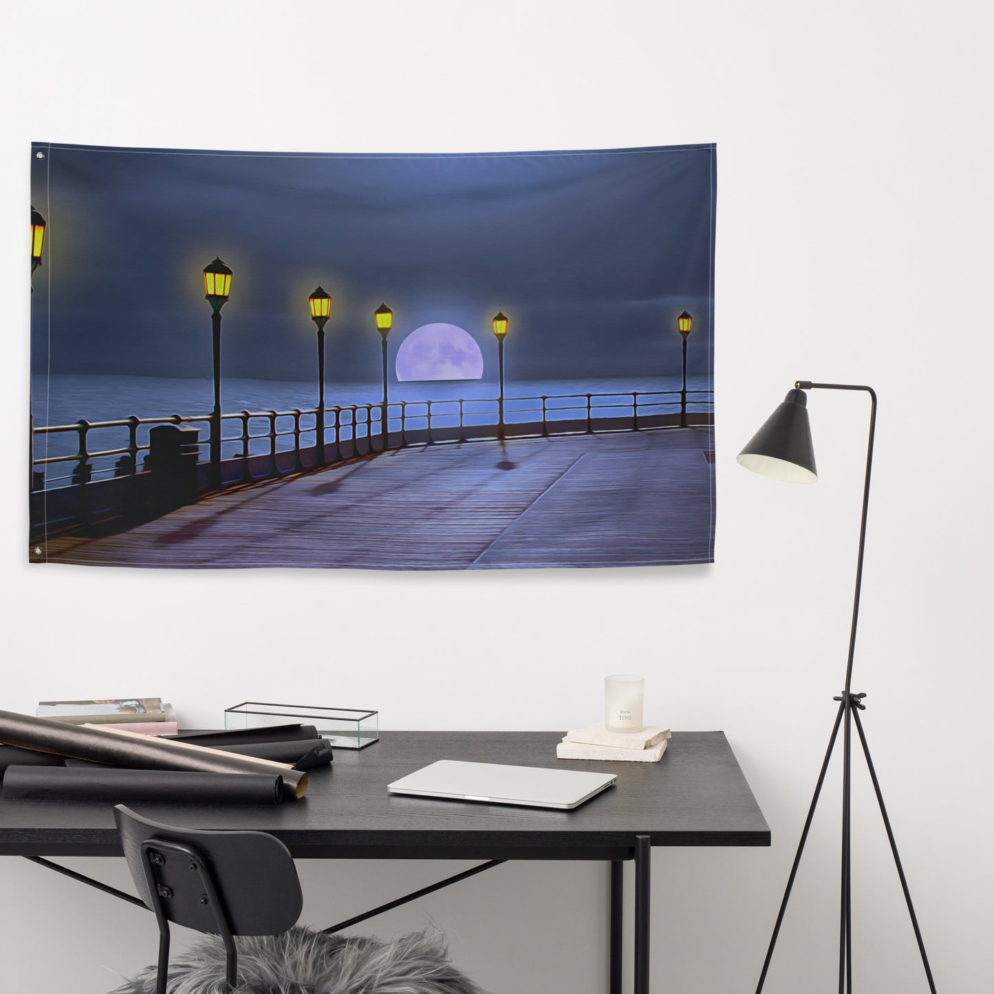 Beach Side Moon Walk Painting Flag Tapestry