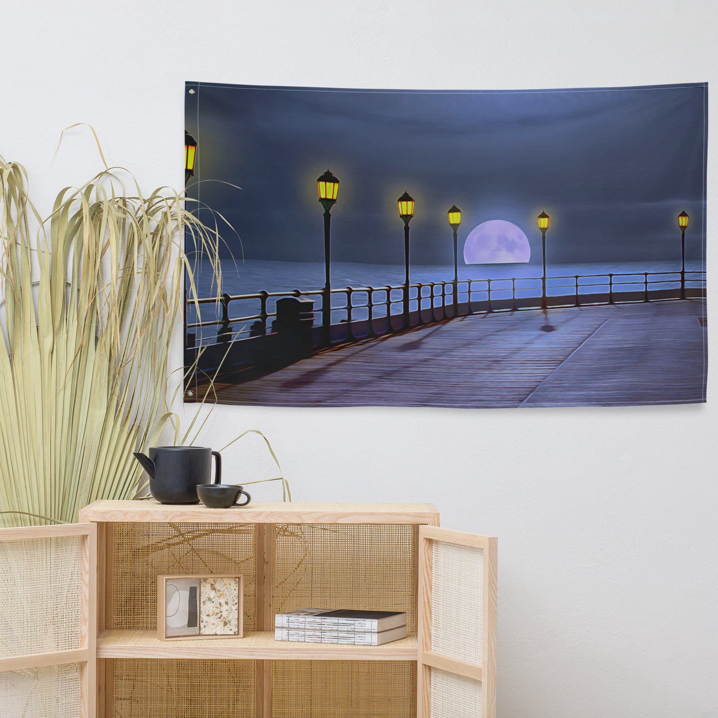 Beach Side Moon Walk Painting Flag Tapestry