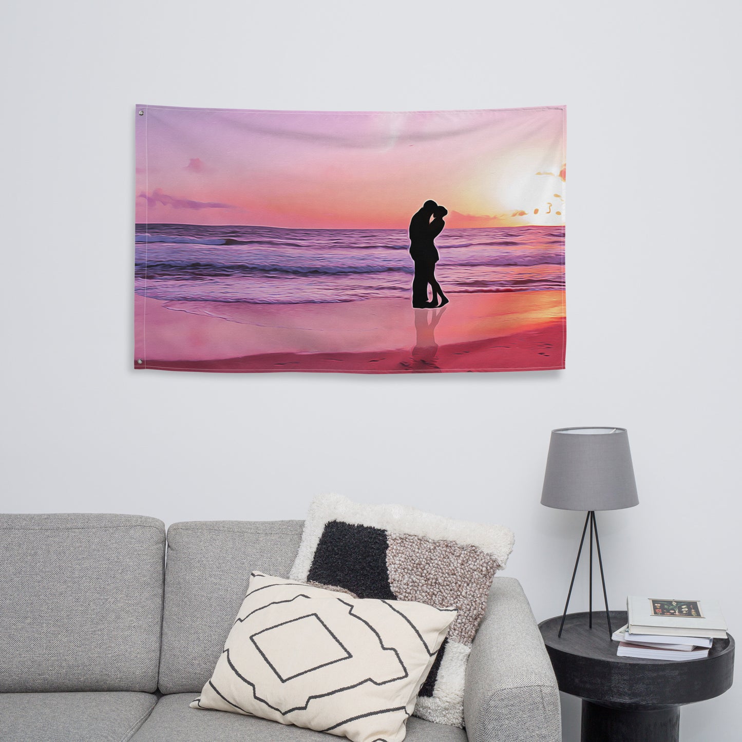 Kiss on Beach Ocean Painting Flag Tapestry