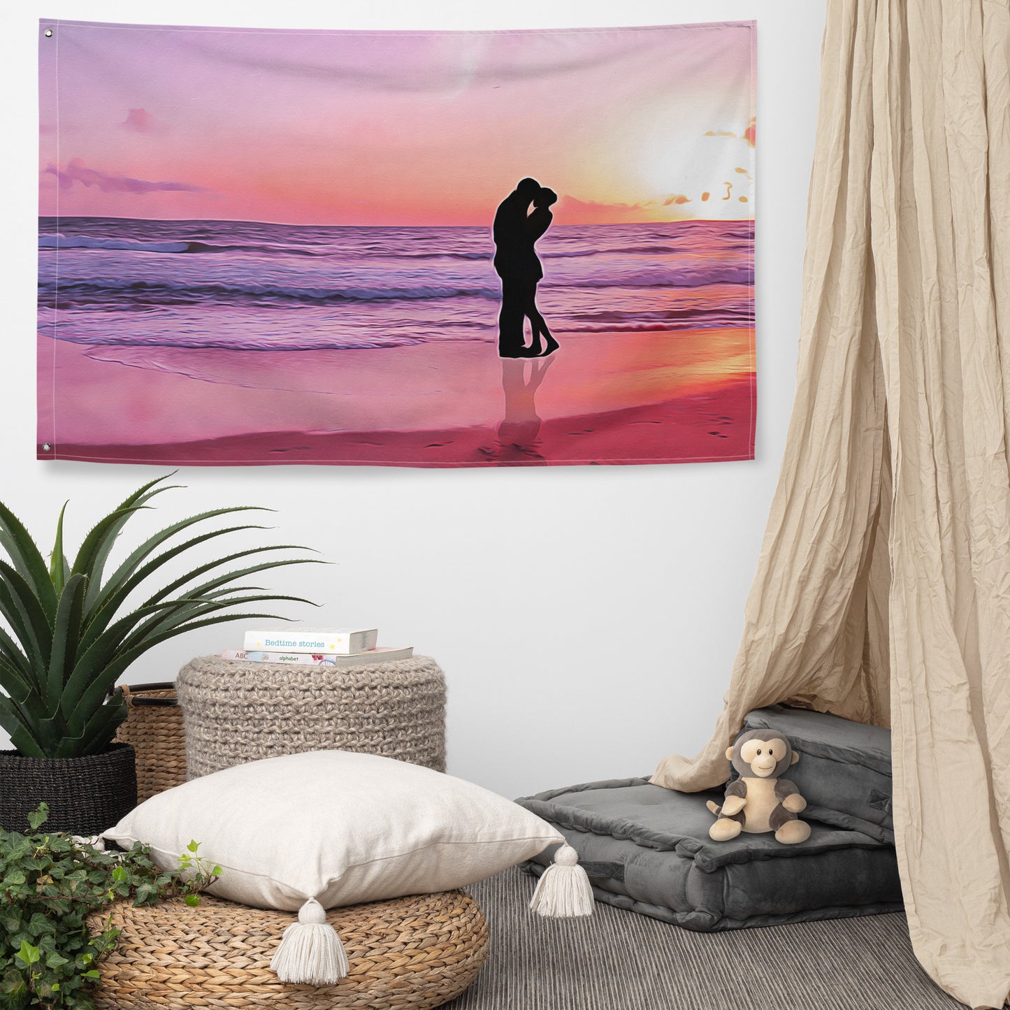 Kiss on Beach Ocean Painting Flag Tapestry