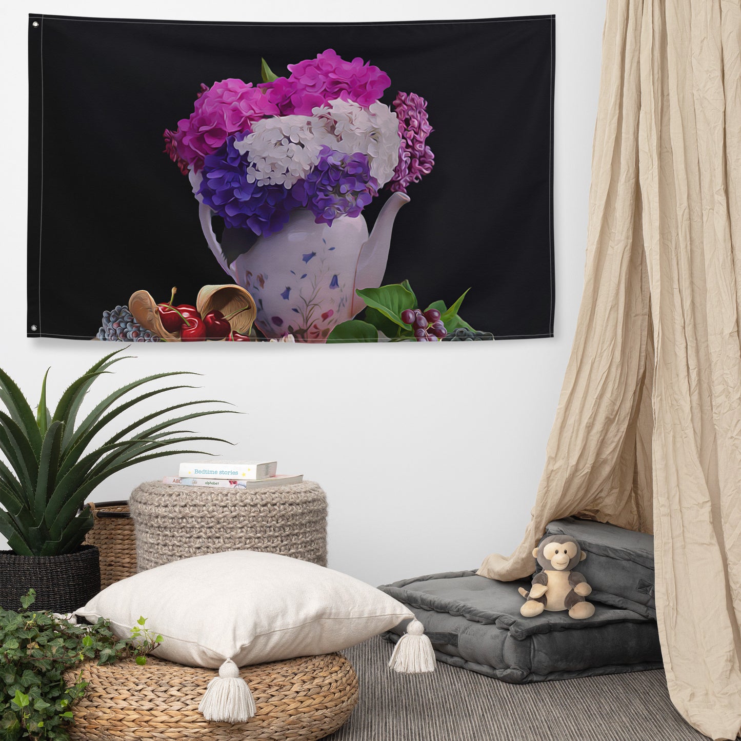 Blue And Pink Still Life Painting Flag Tapestry