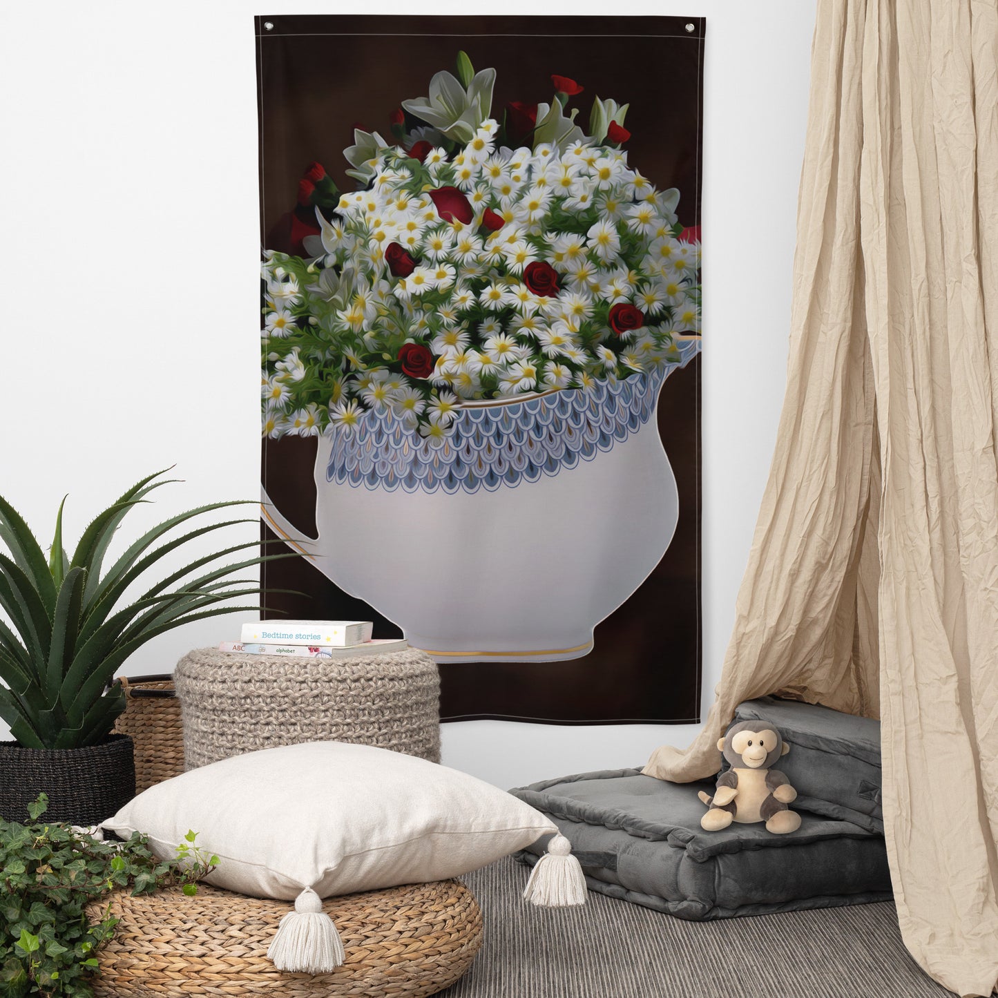 White Yellow Flowers Painting Flag Tapestry