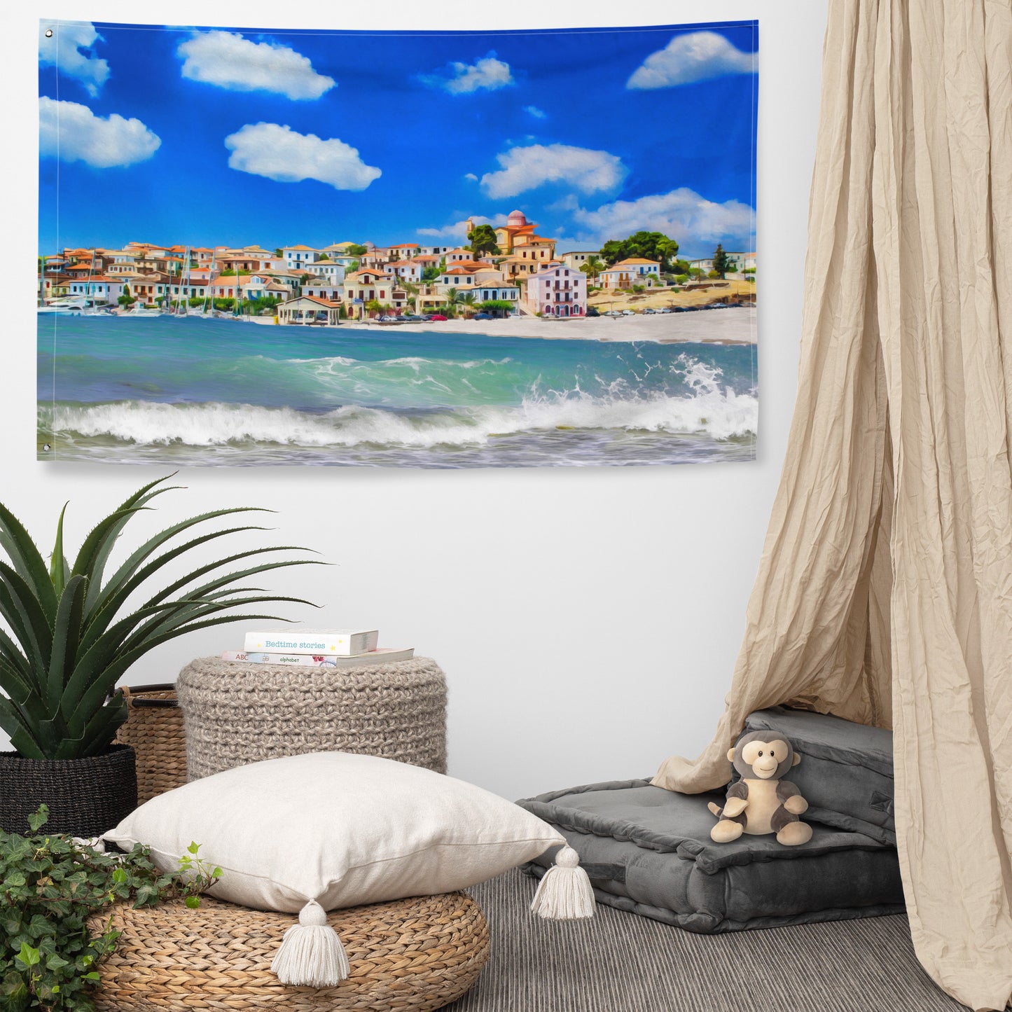 Beach Town Painting Flag Tapestry