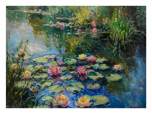 Lily Flowers In Lake Canvas Painting Print