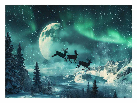 Flying Reindeer Northern lights Canvas Painting Print