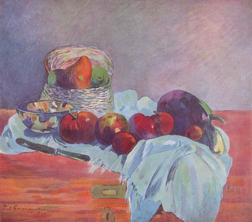 Still life with fruit, basket and knife