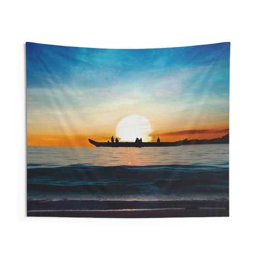 Boat And Sunset Tapestry