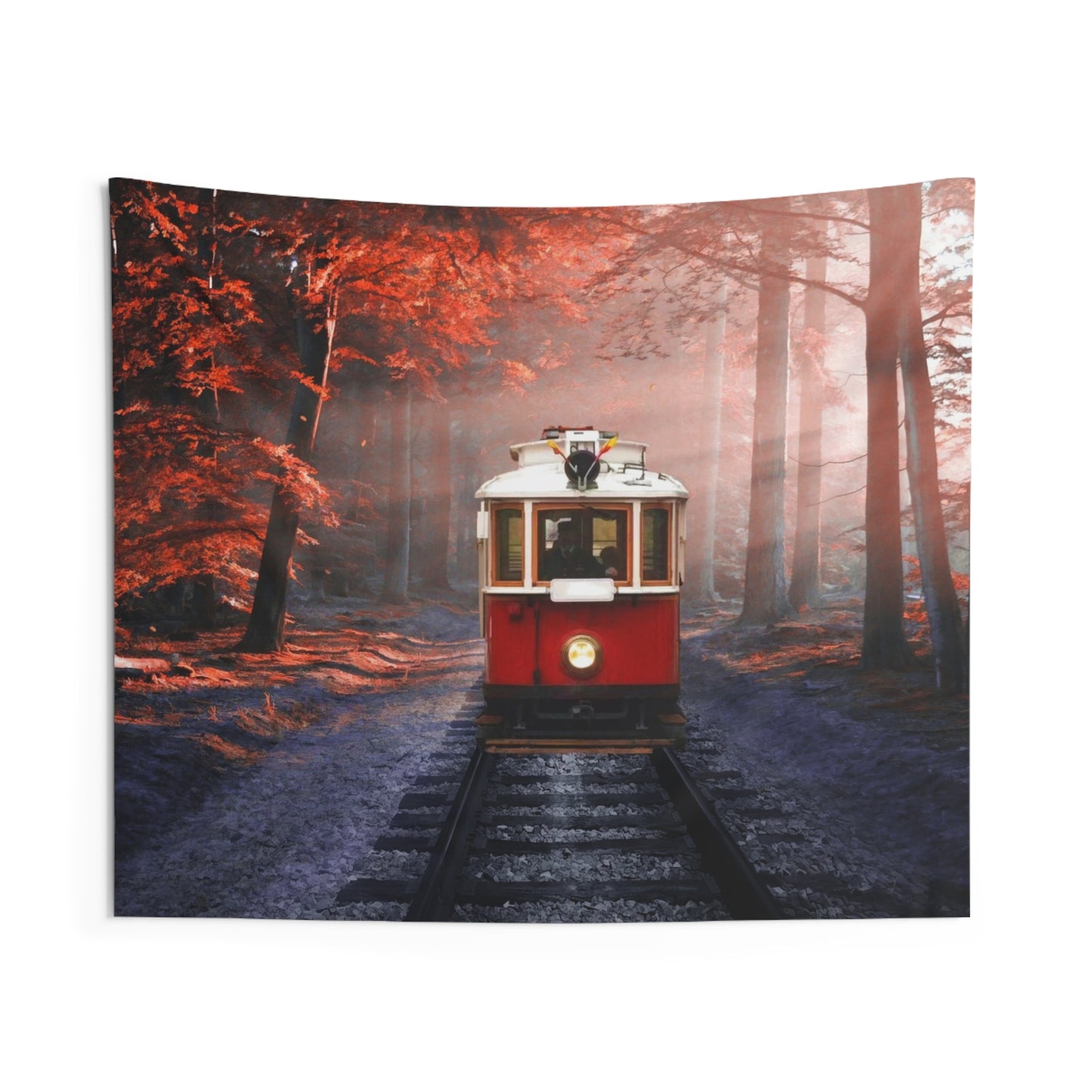 Red Tram in Forest Tapestry