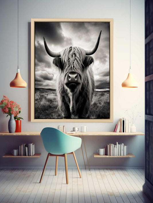 Highland Cow BW Canvas Art Print