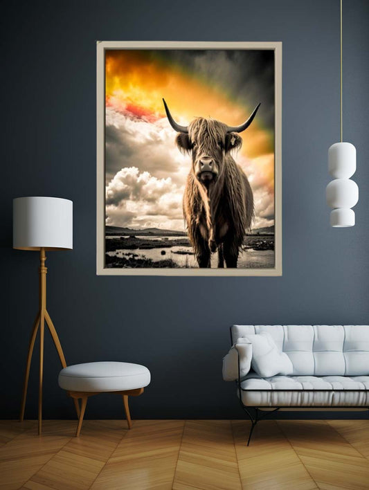 Highland Cow Painting Black & white Canvas Art Print
