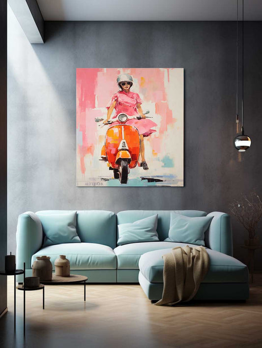 Modern Scooter Lady Art Canvas Painting  Print