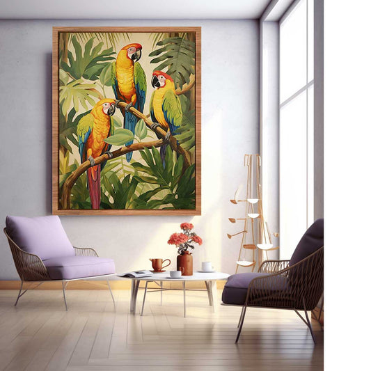 Three Parrots Wood Canvas Art Print