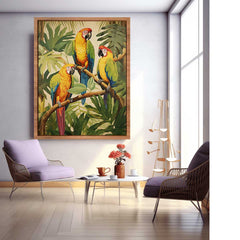 Three Parrots Wood Canvas Art Print