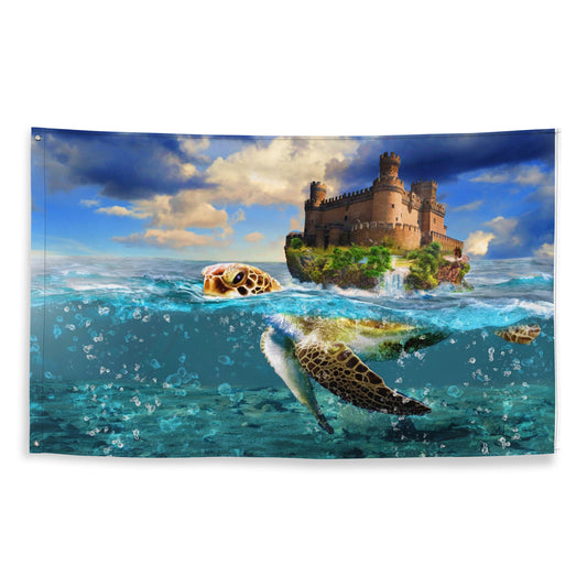 Turtle and Castle Painting Flag Tapestry