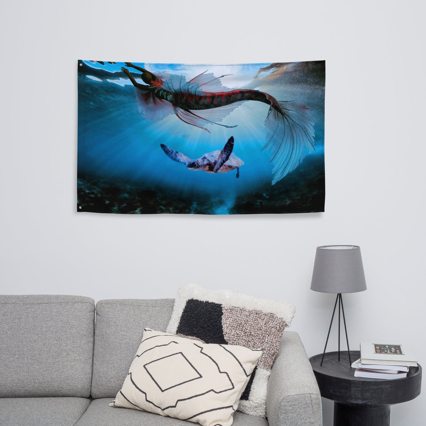 Turtle and Fish Art Flag Tapestry