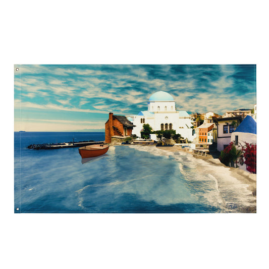 Santorini Beach Painting Flag Tapestry