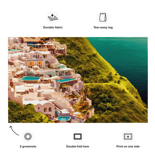 Santorini Oil Painting Flag Tapestry