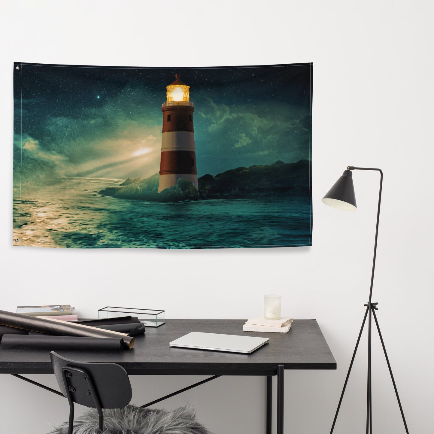 Lighthouse  in Storm Painting Flag Tapestry