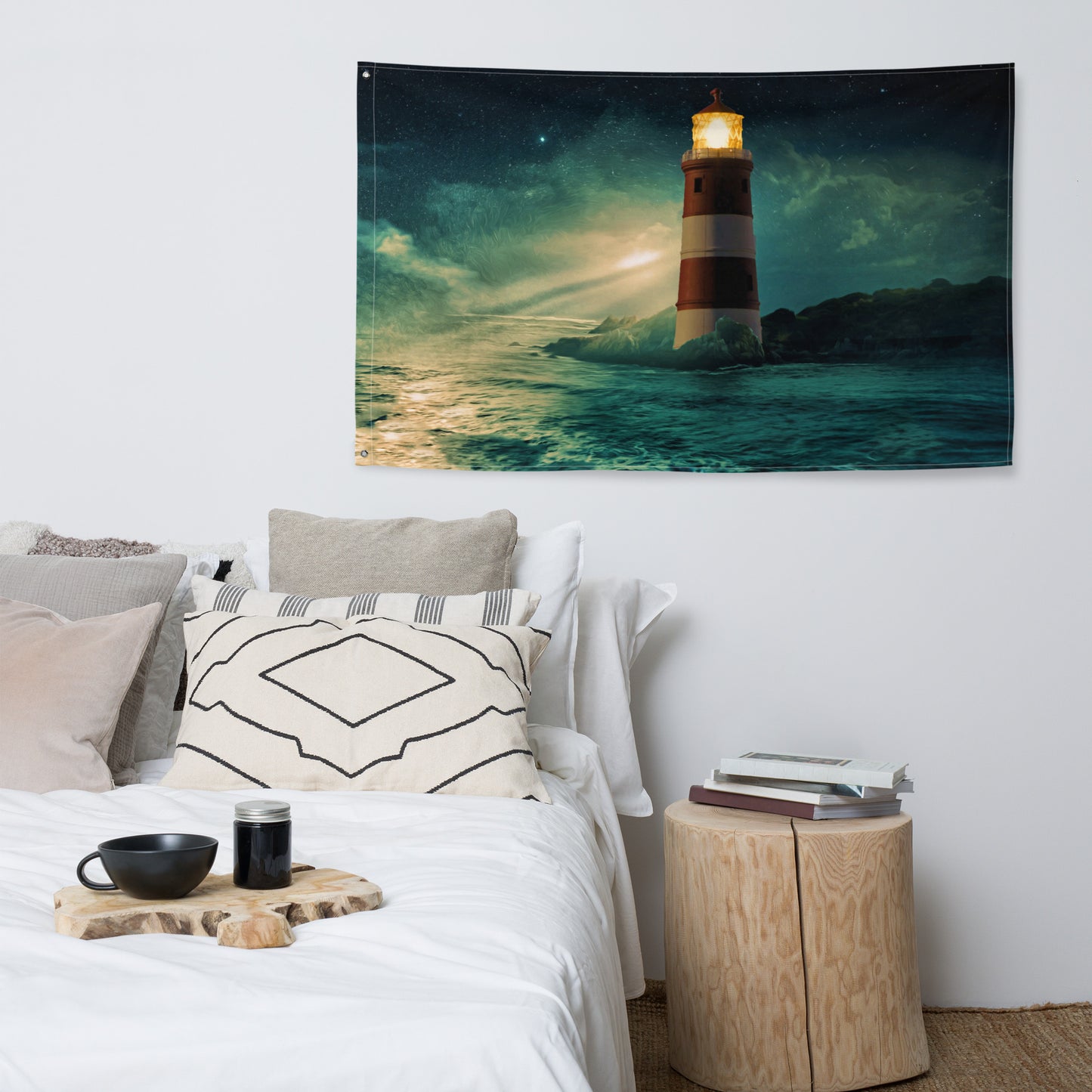 Lighthouse  in Storm Painting Flag Tapestry