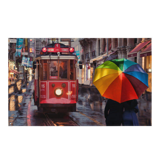 Street Tram Painting Flag Tapestry