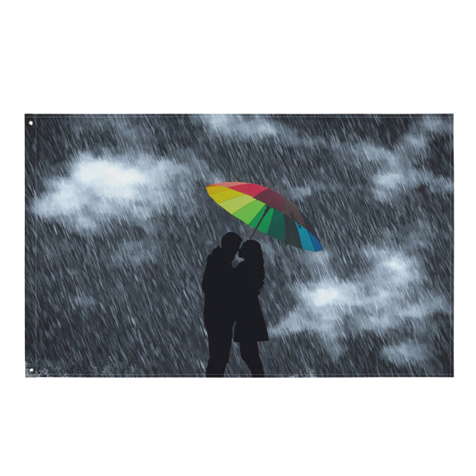 Love in Rain Couple Umbrella Painting Flag Tapestry