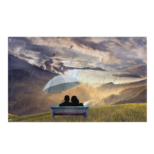 Love in Rain  Couple Painting Flag Tapestry